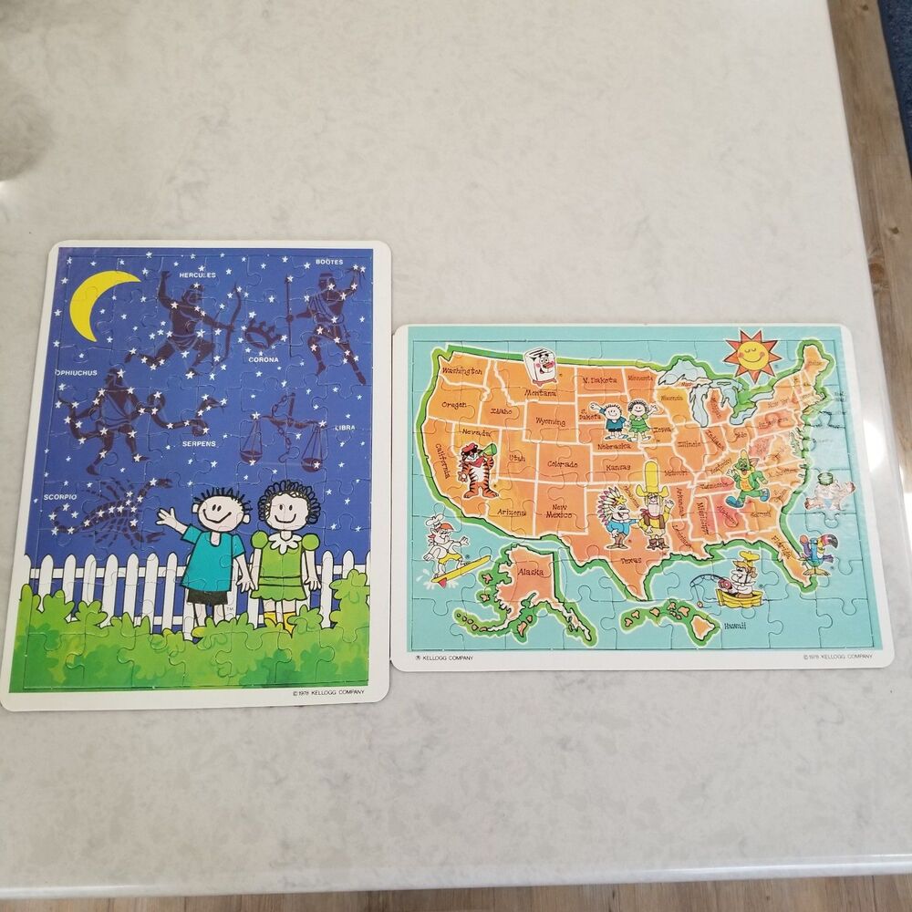 1978 Kellogg’s Tray Puzzle Set – Constellations & USA Map – Unused Vintage
